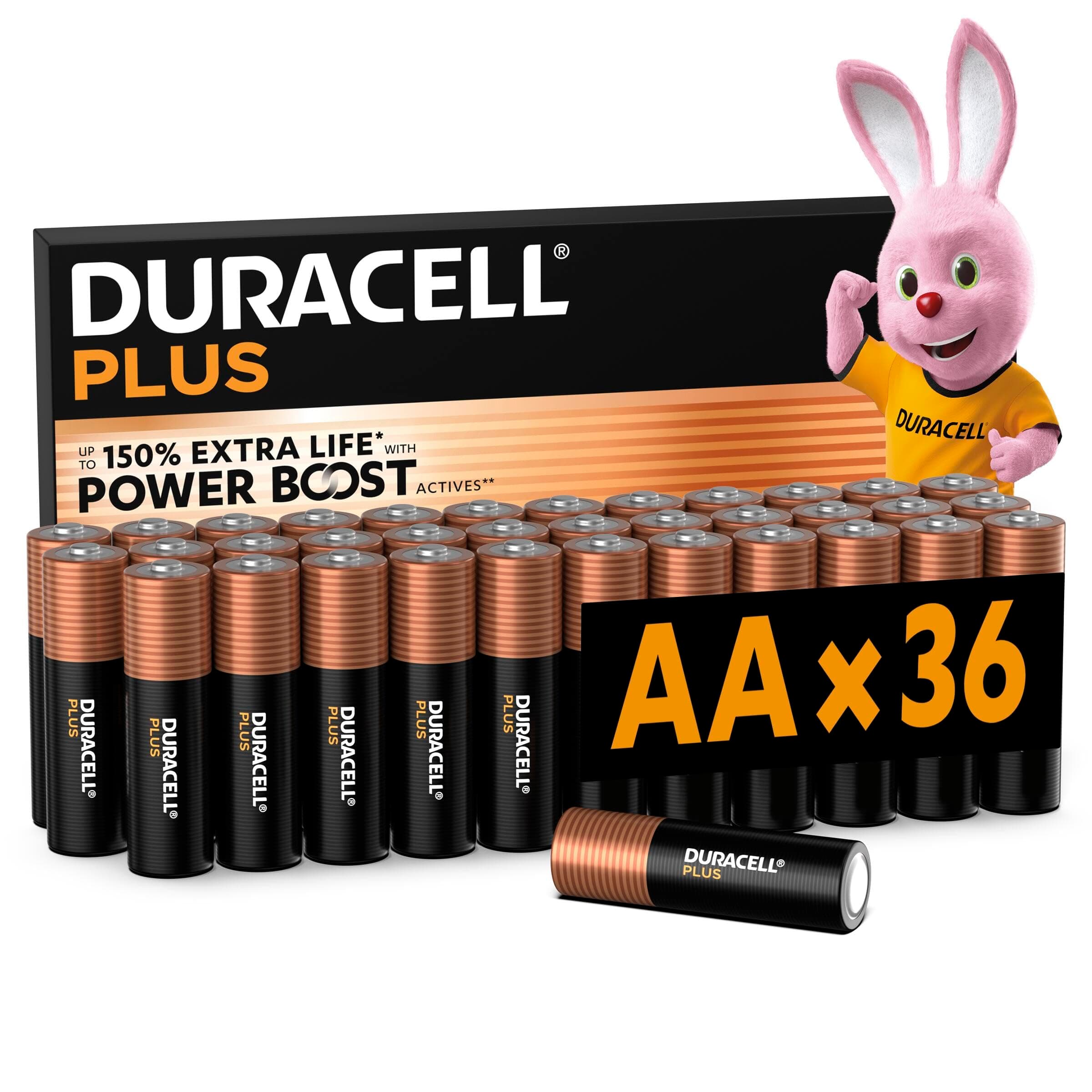 DURACELL Plus AA Batteries (36 Pack) – Alkaline Batteries 1.5V – Up to 150% Extra Life with POWER BOOST Actives– Reliability For Everyday Devices – 0% Plastic Packaging – 10-Year Storage - LR6 MN1500