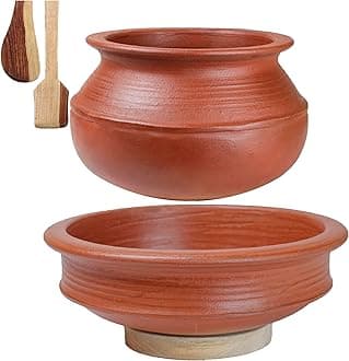 Clay Handi/Pot For Cooking And Serving Combo 1 & 2 Liter, Red,Uncoated