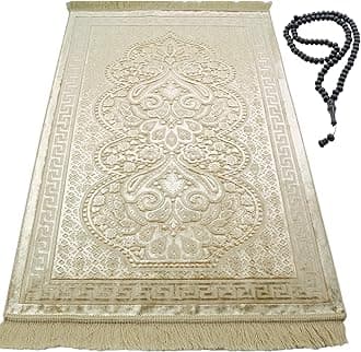 Modefa Luxury Velvet Prayer Rug with Prayer Beads | Soft Elegant Muslim Turkish Janamaz Sajada Carpet for Men and Women | Plain Solid Prayer Mat Ramadan Eid Gift - Paisley (Golden Yellow)