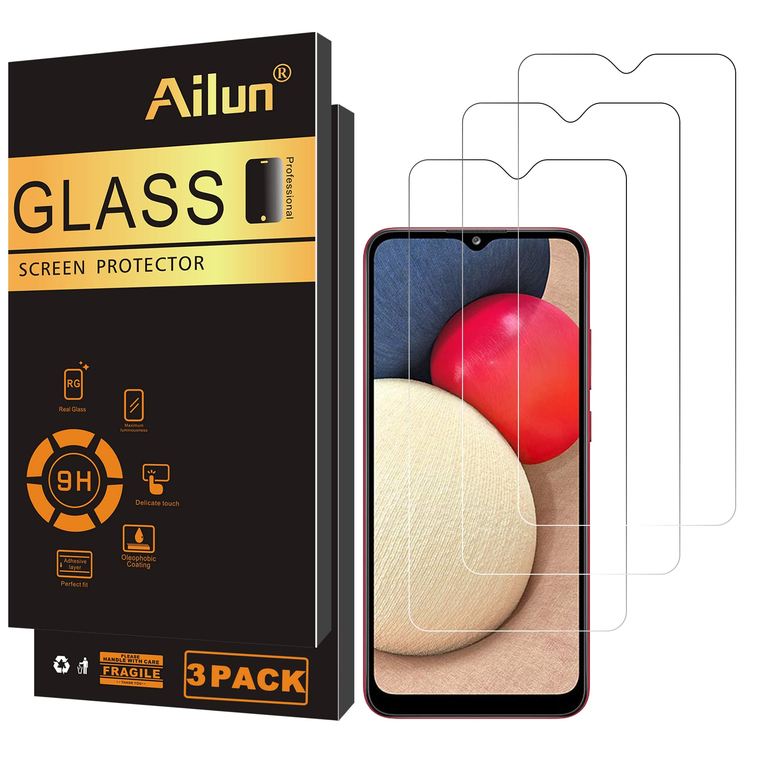 AilunGlass Screen Protector for Galaxy A02S 3Pack Tempered Glass for Samsung Galaxy A02S 0.33mm Ultra Clear Anti-Scratch Case Friendly