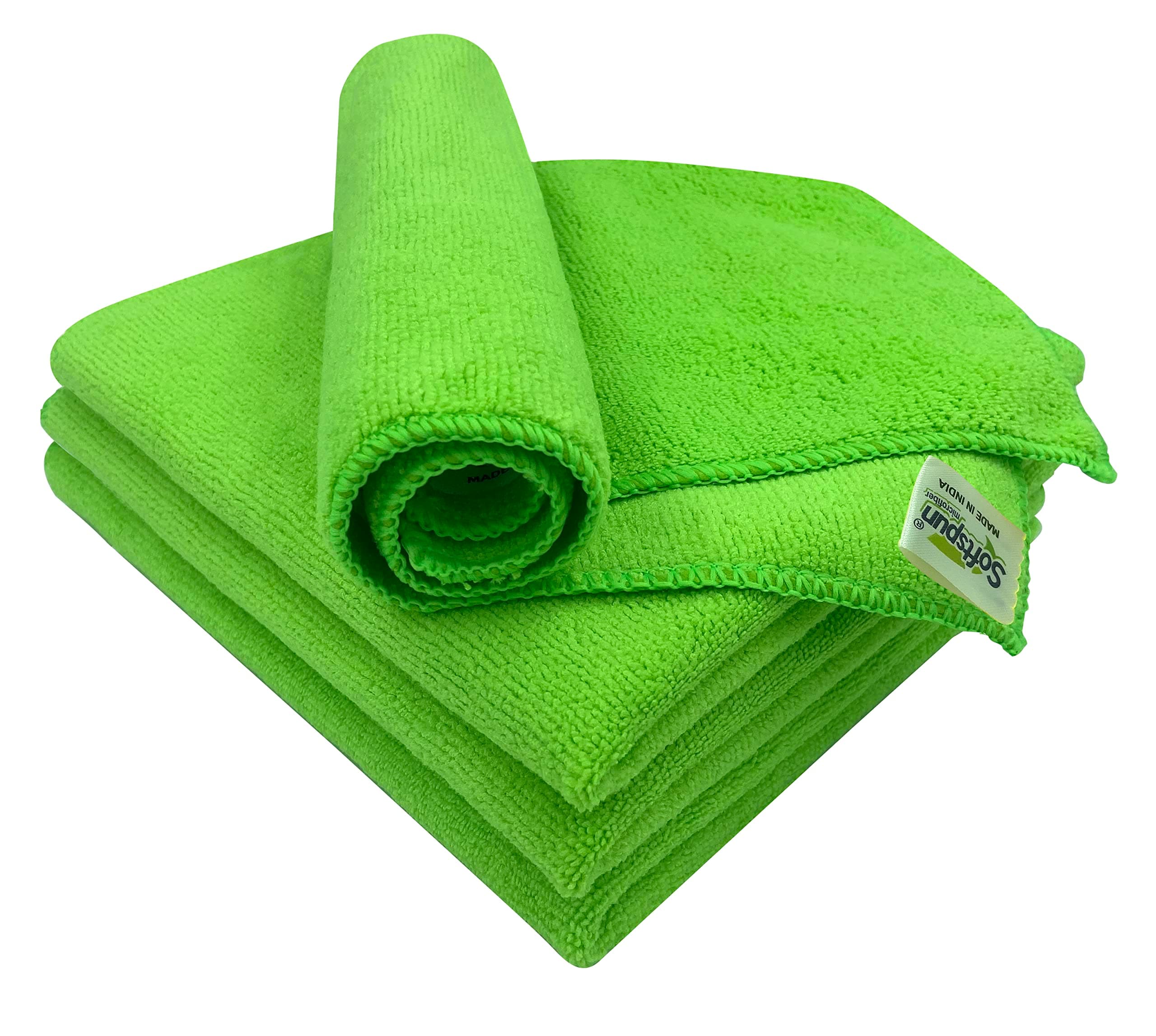 Microfiber High Loop Cleaning Cloths, 40x40cm 4pcs Towel Set 340 GSM (Green) Automotive Towels, Thick Fluff & Stripe Free Multifunctional Cloths