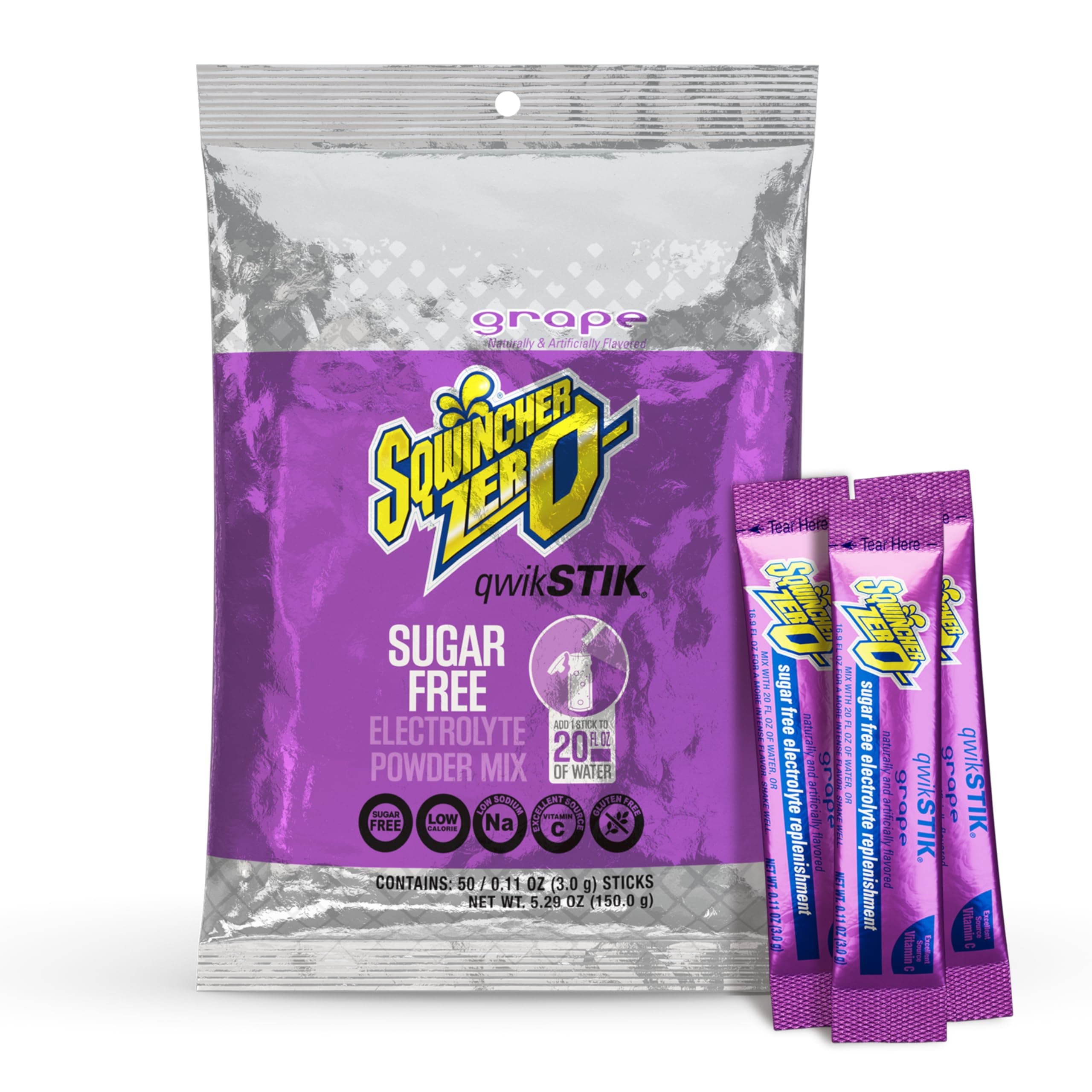 SQWINCHER Qwik Stik Electrolyte Mix - Zero Sugar, Zero Calories, Grape Flavor, Powder Drink Mix, Pack of 50, 50 Pieces