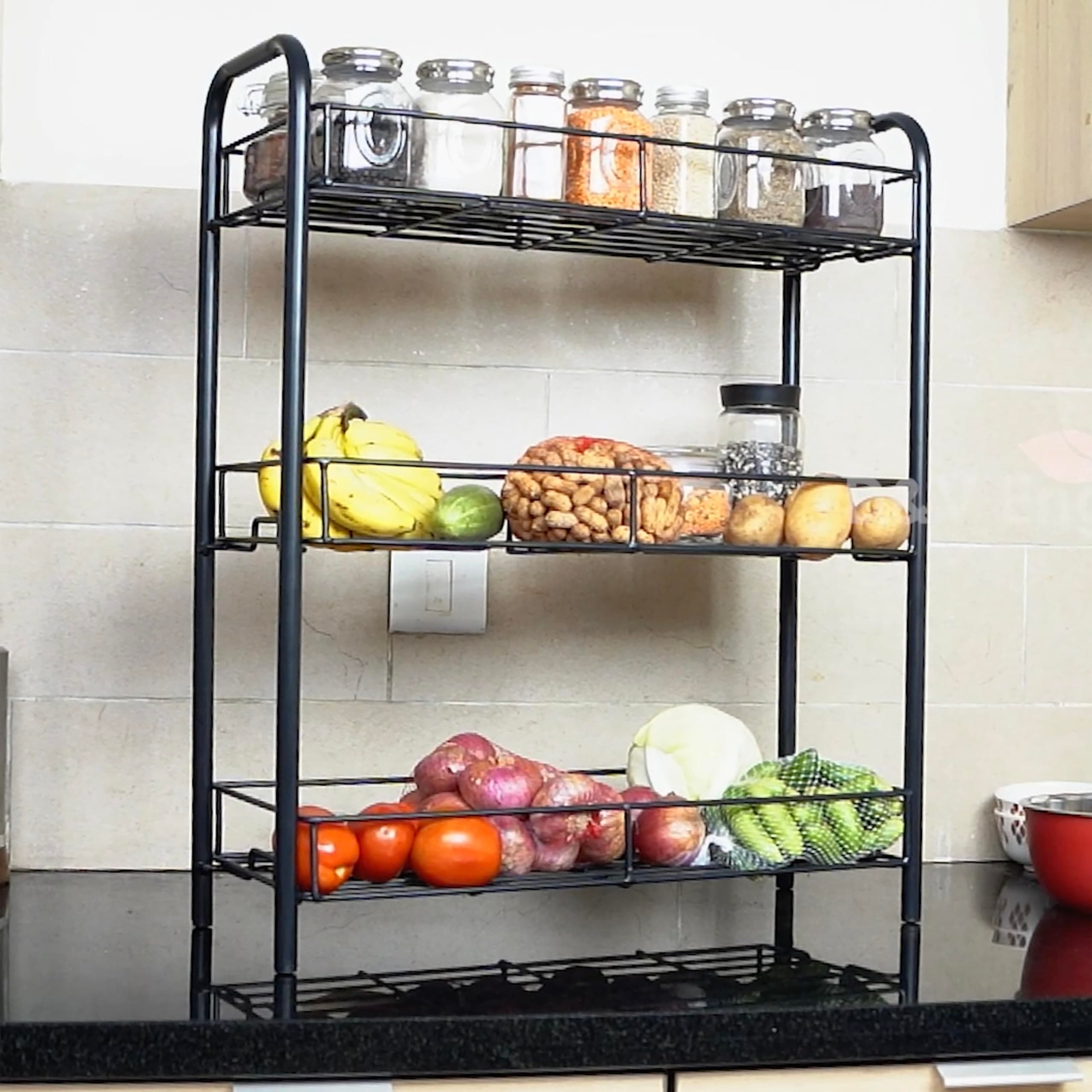 D&V Engineering 3-Tier Kitchen Storage Organizer | Spice Rack | Corner Shelf for Countertop or Floor Use | Multipurpose Pantry Rack | Easy to Assemble, No Tools Required - Black