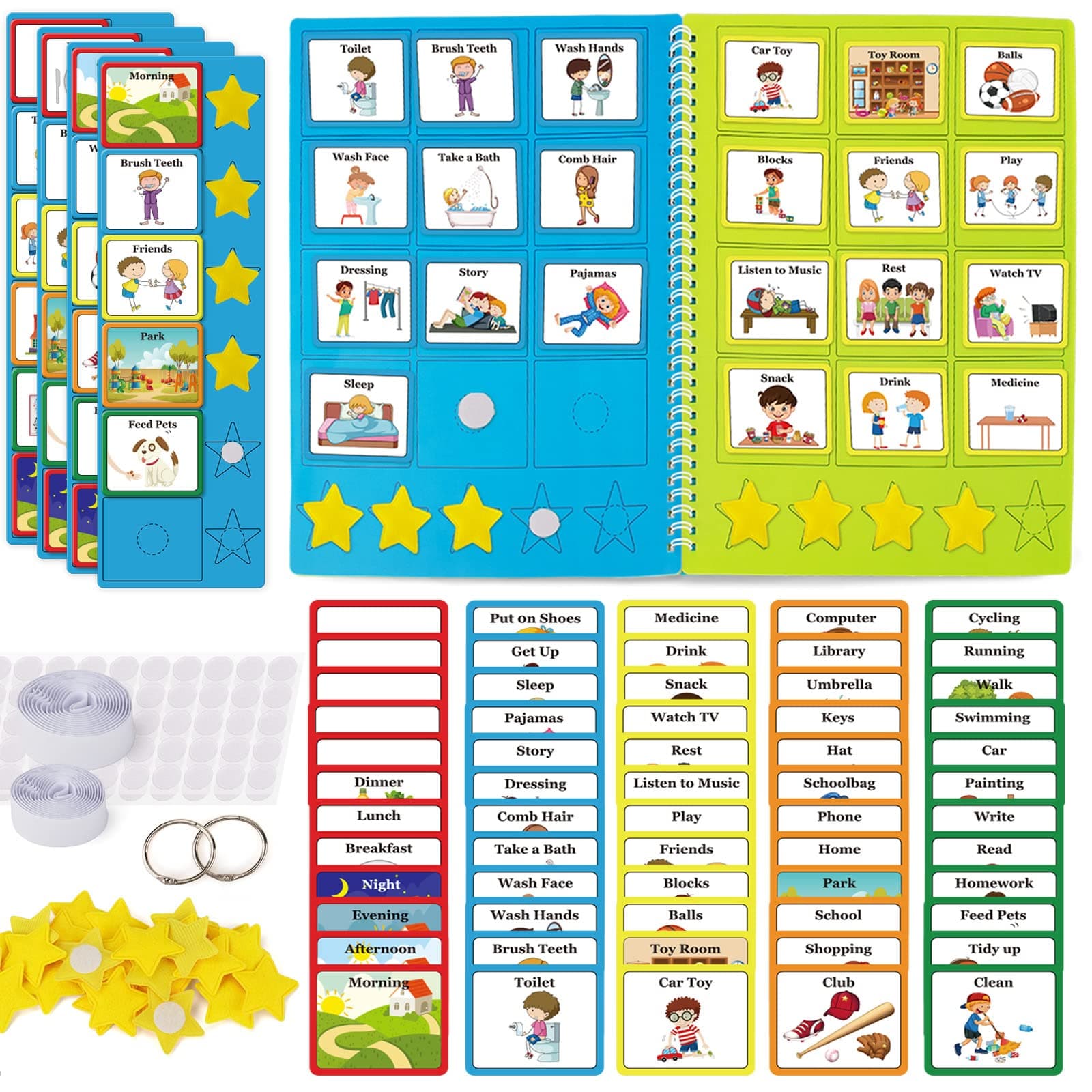 beetoy Visual Schedule Cards for Kids with Autism, Home Chore Chart Routine Cards Autism Learning Materials with 1 Schedule Book and 30 Yellow Stars for at Home, School & in The Community