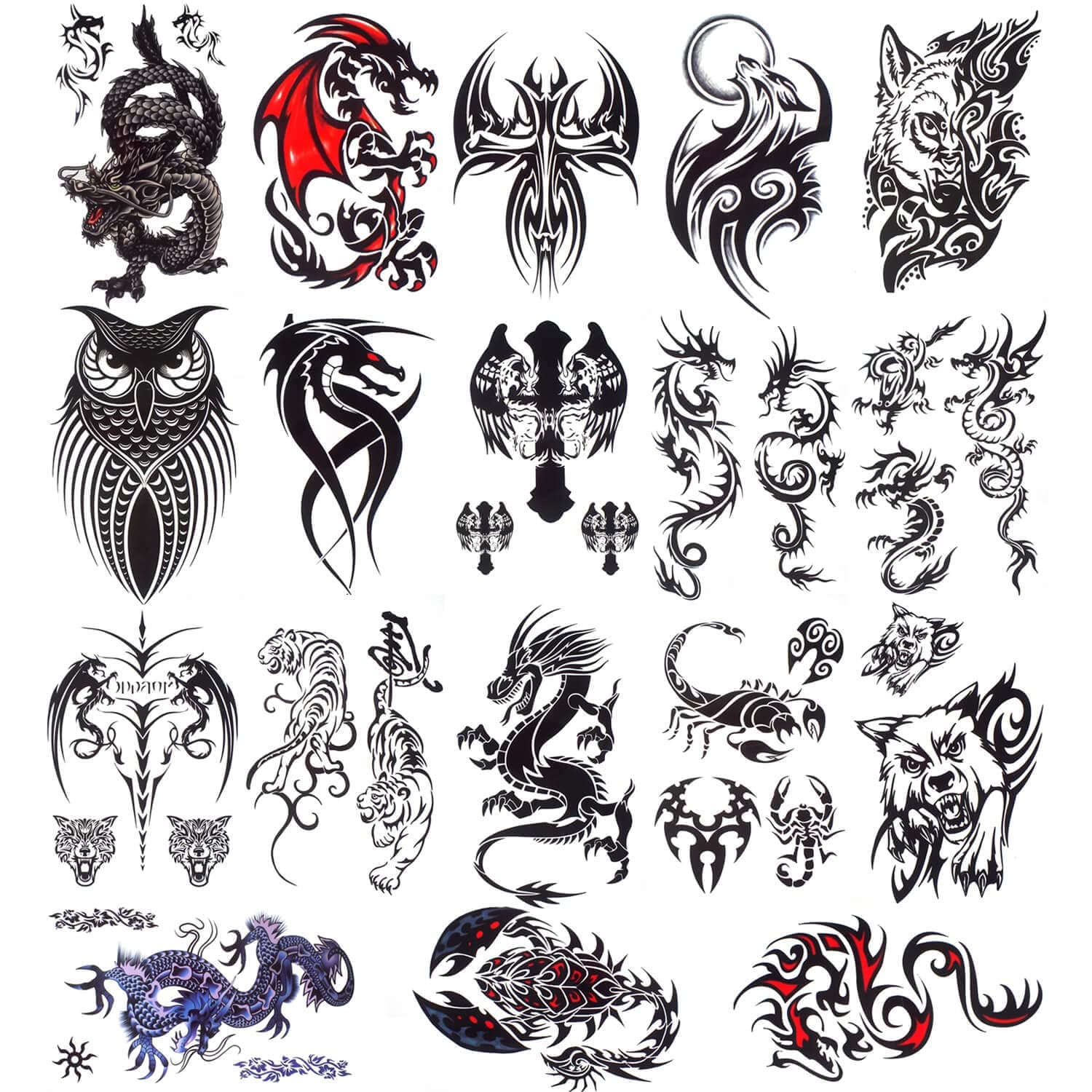 glaryyears 18 Sheets Dragon Black Temporary Tattoos for Men Teens, Animal Scorpions Wolf Owl Dark Tribal Tiger Cross, on Arm Shoulder Hand Leg Back Body Art 4.7''x7.5''