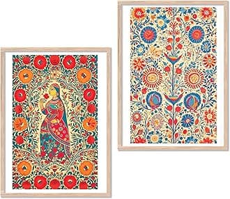 kotart Madhubani Art Framed Painting for Home, Living Room, Hall, Traditional Pichwai Art Paitnings with Frame for Home Decor (Set of 2) (Style02)