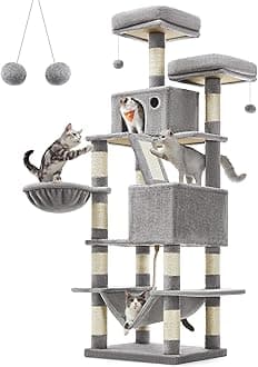 FEANDREA Cat Tree, 168 cm Large Cat Tower with 13 Scratching Posts, 1 Scratching Ramp, 2 Perches, 2 Caves, Basket, Hammock, Pompoms, Multi-Level Plush Cat Condo for Indoor Cats, Light Grey