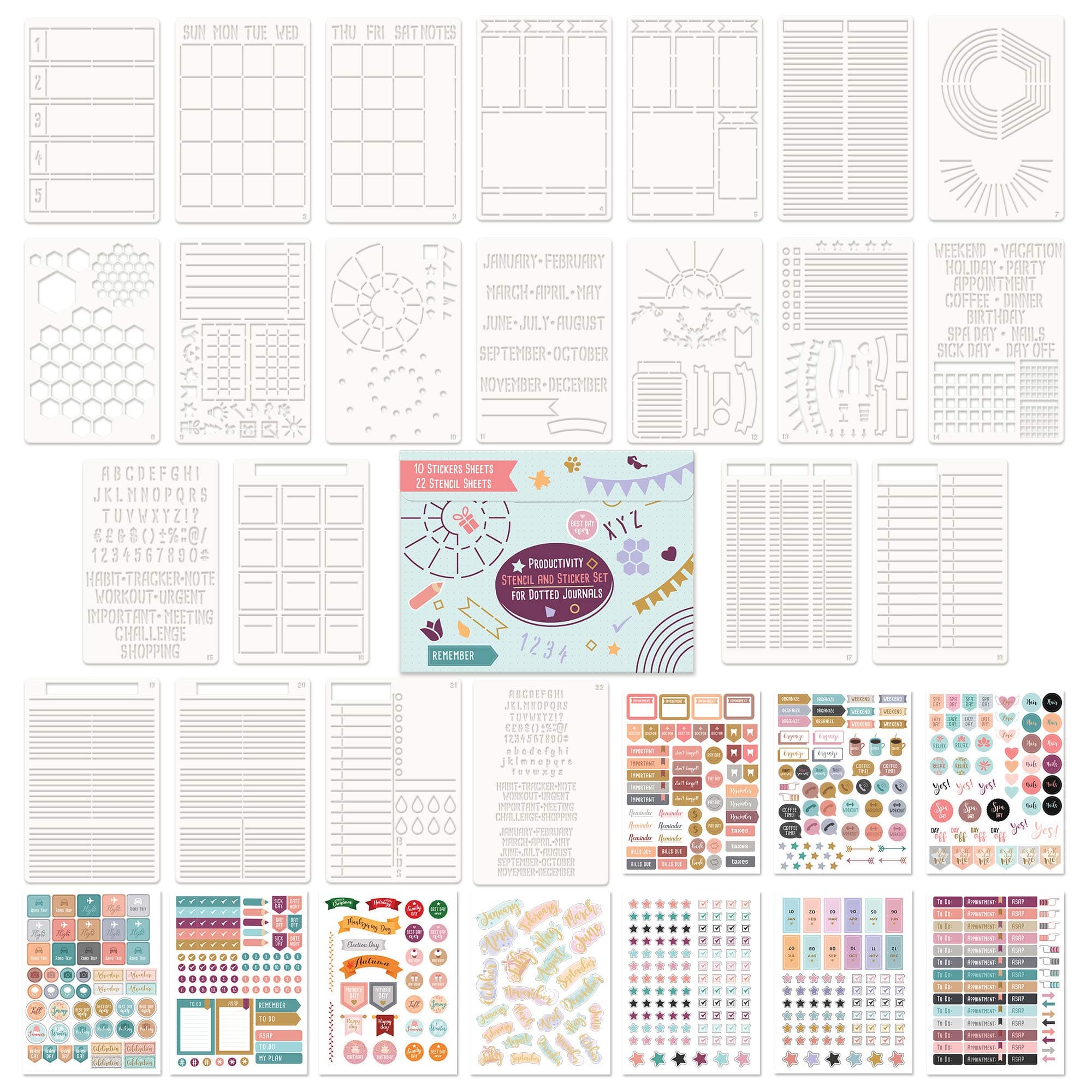 Ultimate Productivity Stencils and Planner Stickers for Journaling - Time Saving Journal Accessories/Supplies to Create Layouts Easily - Incl. Bullet Point Checklists, Daily/Weekly/Monthly Calendars