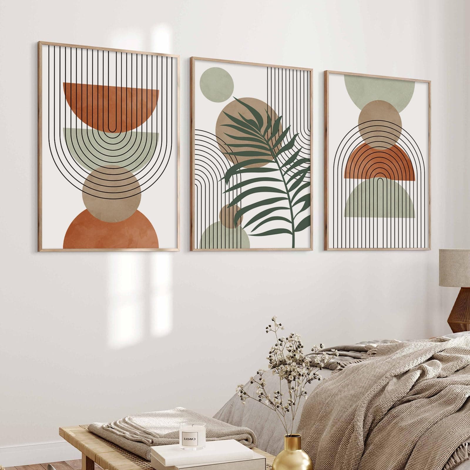 Sage Green Boho Canvas Wall Art Mid Century Modern Art Boho Minimalist Posters Boho Geometric Line Leaf Beige Green Wall Art Neutral Boho Pictures Polygon Green and Terracotta Art 16x24inch No Frame