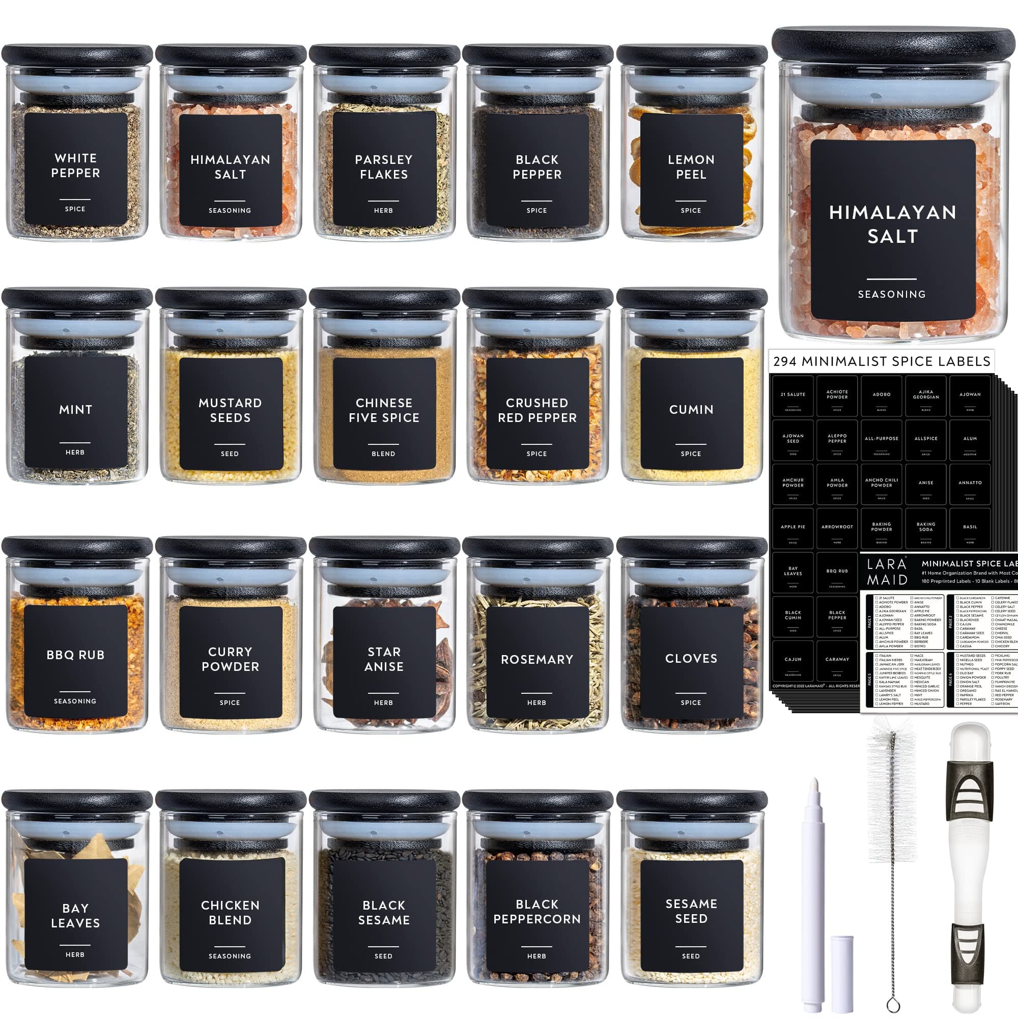 Laramaid 2.5oz 20Pack Spice Jars with Black Vinyl Spice Labels, Round Jars with Black Bamboo Lids, Minimalist Premium Labels, Adjustable Measuring Spoon and White Pen, Storage Container Canisters