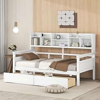 Merax Wood Daybed with with Bedside Shelves and Two Drawers, Twin Size Sofa Bed Frame for Kids Teens Adults, No Box Spring Needed White