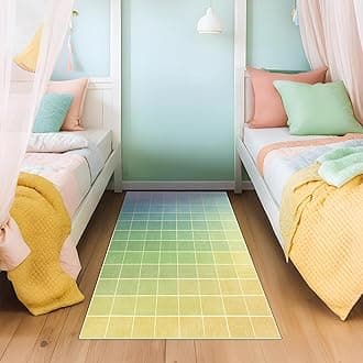 Mid Century Modern Ombre Rainbow Rug 4x6, Green Checkered Retro Eclectic Colorful Contemporary, Washable Area Rugs Non Slip Low Pile for Living Room Kitchen Laundry Bedroom Beside Bed