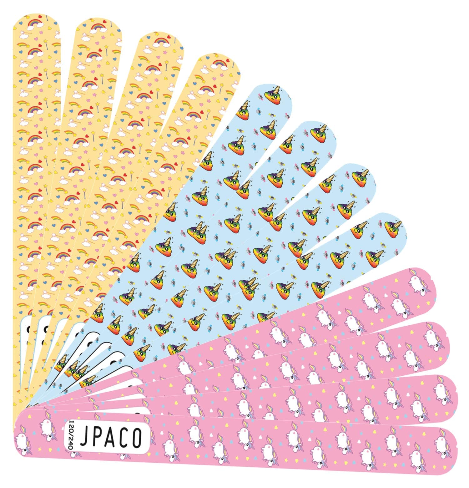 Nail Files 180 240 Grit Unicorn Designs for Poly Nail Extension Gel Acrylic Nails Files Double Sided Washable Professional Nail File Set (12 PACK) Manicure Tools by JPACO