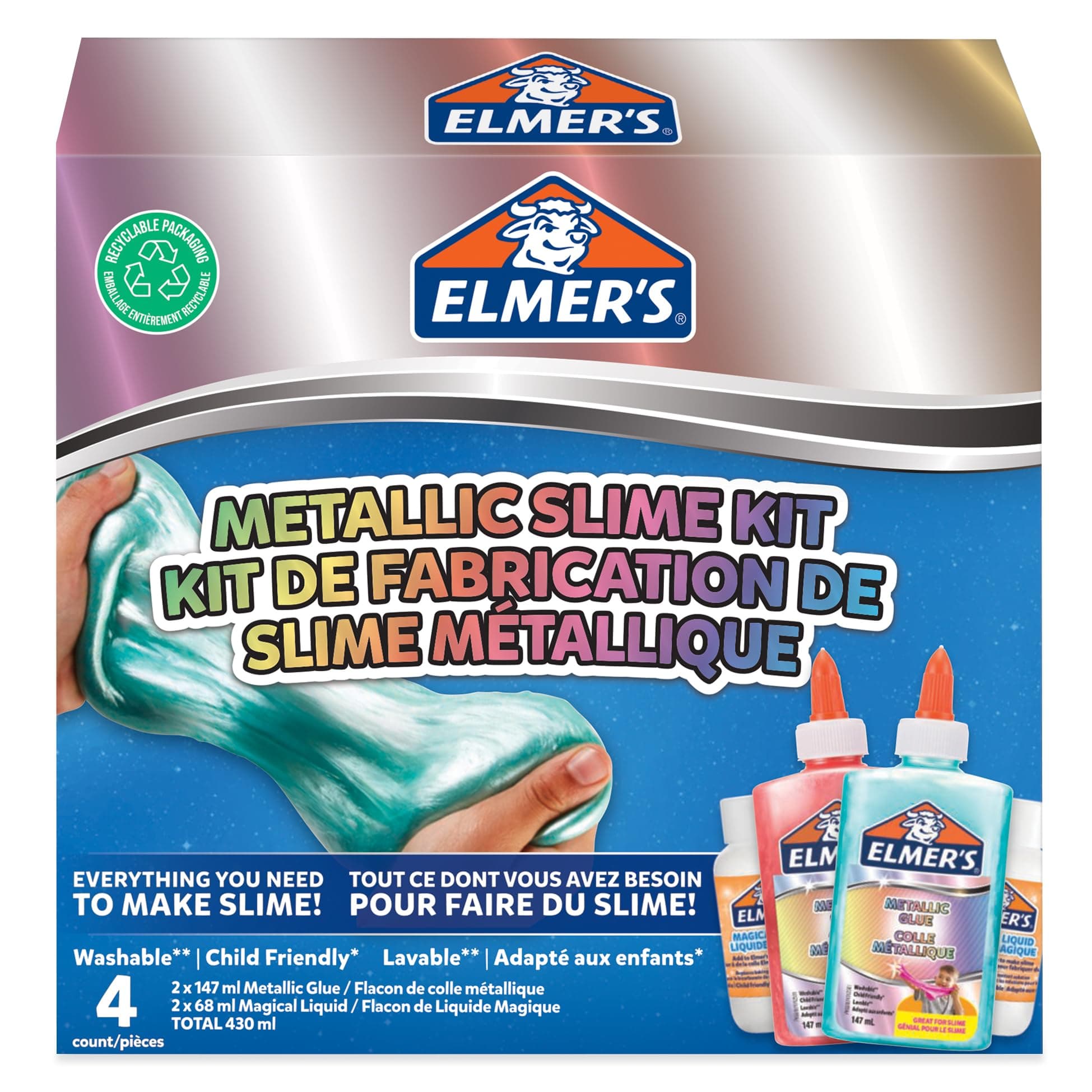 Elmer's Metallic Slime Kit Slime Supplies Include Metallic PVA Glue With Magical Liquid Slime Activator 4 Piece Kit, Pink and Teal, 2077256
