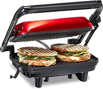 Panini Press Sandwich Maker & Electric Indoor Grill with Locking Lid, Opens Wide to Fit Any Thickness for Quesadillas, Burgers & More, Nonstick 8" x 10" Grids, Red (25462Z)