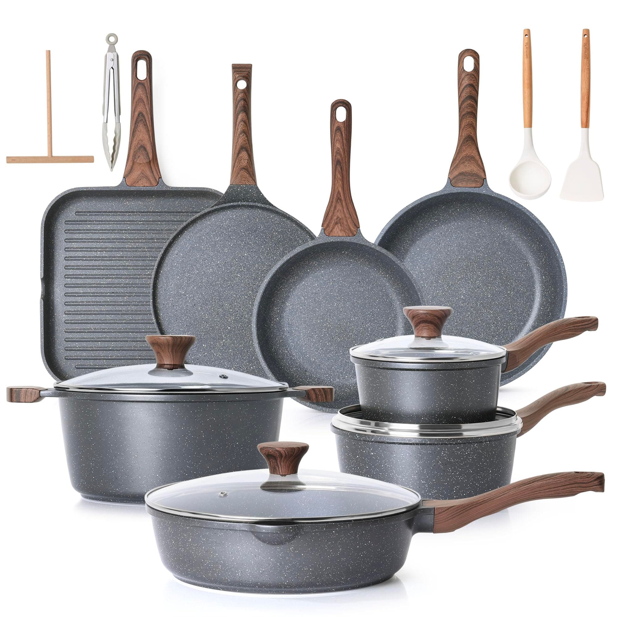 Nonstick Cookware Set, 23 Piece Pots and Pans Set with Swiss Granite Coating, Healthy Non Stick Kitchen Cooking Set, Stay-Cool Handles, Gray