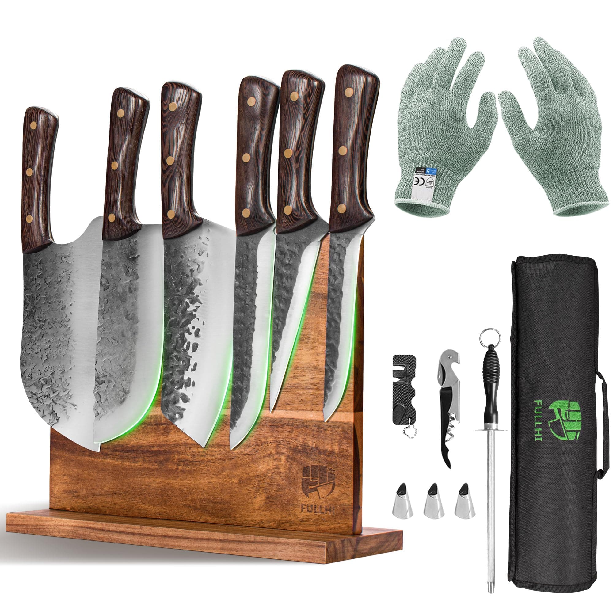 FULLHI Chef/Butcher Fish Knife Set, High Carbon Steel Hand Forged With Sheath For Kitchen, Camping, BBQ,13pcs with Magnetic Holder