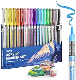 JusArt Acrylic Marker Pen, Set of 18 Colors, Water-Based, Sparkling, Bold, Acrylic Paint, Large Capacity, Illustration, Write on Cloths, Glass, Plastic, Stones, Wood, Ceramics, Metal, Color Markers