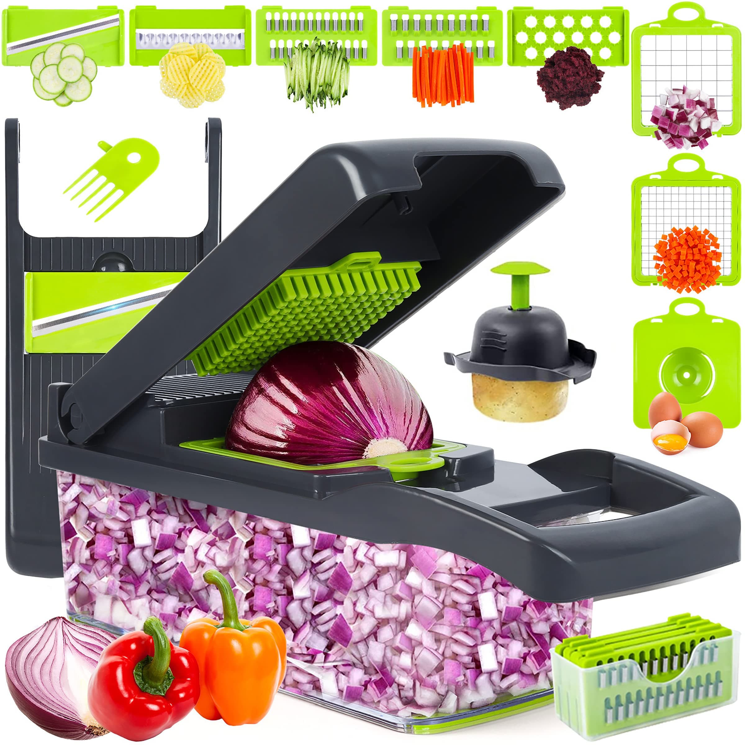 Vegetable Chopper Mandoline Slicer,Veggie Chopper, Multifunctional 10 in 1 Food Choppers, Kitchen Vegetable Slicer Dicer Cutter,Onion Mincer,Cheese,Colander Basket,Kitchen Gadgets (Gray/Green)