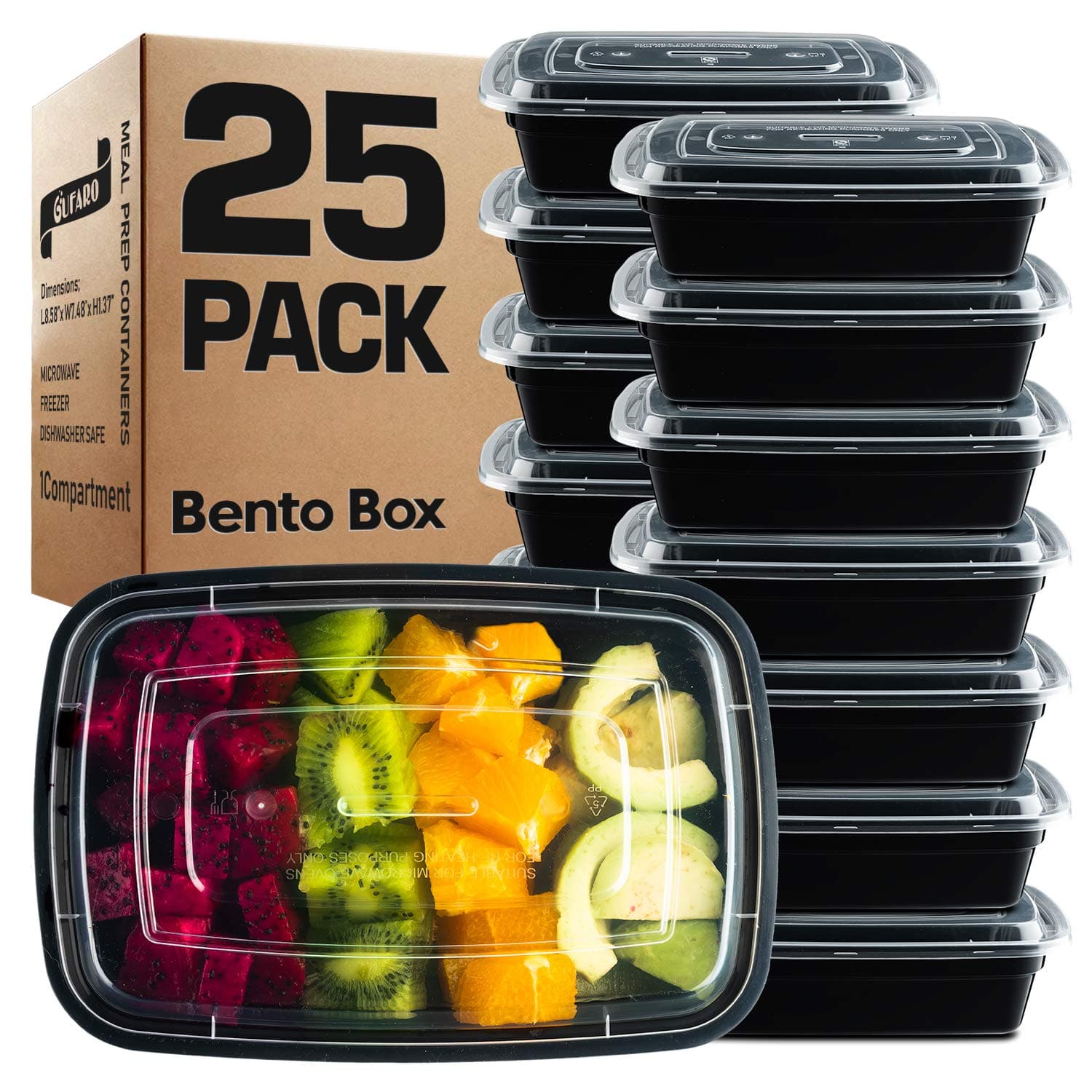 GUFARO Premium Meal Prep Containers Reusable 32oz - GIANT 25 Pack. Choose 1, 3, 4 Compartment with Matching Airtight Freshness Lids. BPA Free, Microwavable Bento Lunch Box (1 Compartment)