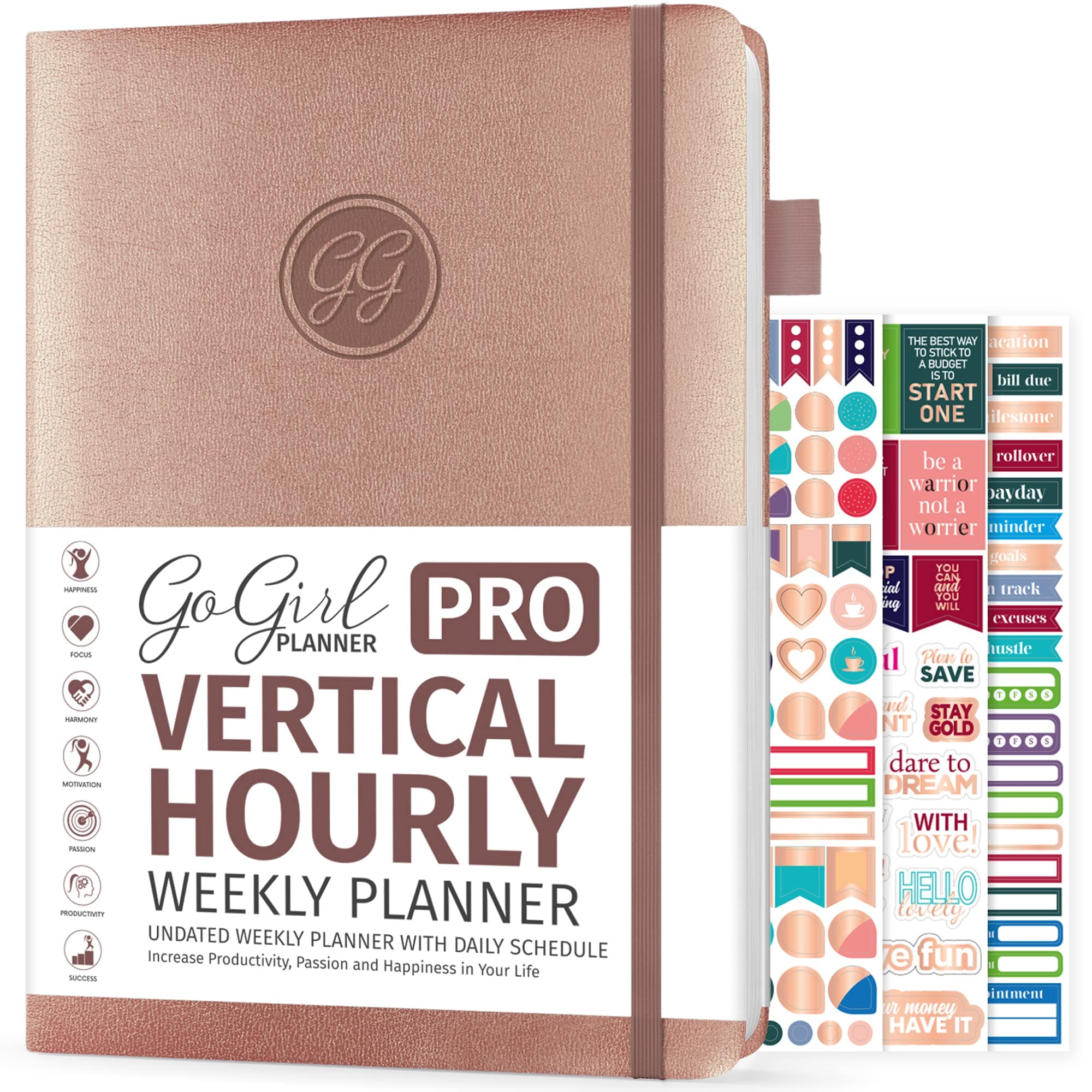 GoGirl Planner PRO Schedule - Undated Planner with Hourly Time Slots, Monthly, Weekly & Daily Organizer, Appointment Book for time Management, 7"x10" Hardcover, Lasts 1 Year - Rose Gold