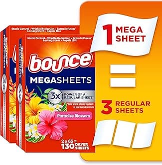 Bounce Mega Dryer Sheets, Paradise Blossom, 130 Count, Mega Fabric Softener Sheets with Static Control, Wrinkle Reduction, Extra Softness, Lasting Scent, Repels Lint