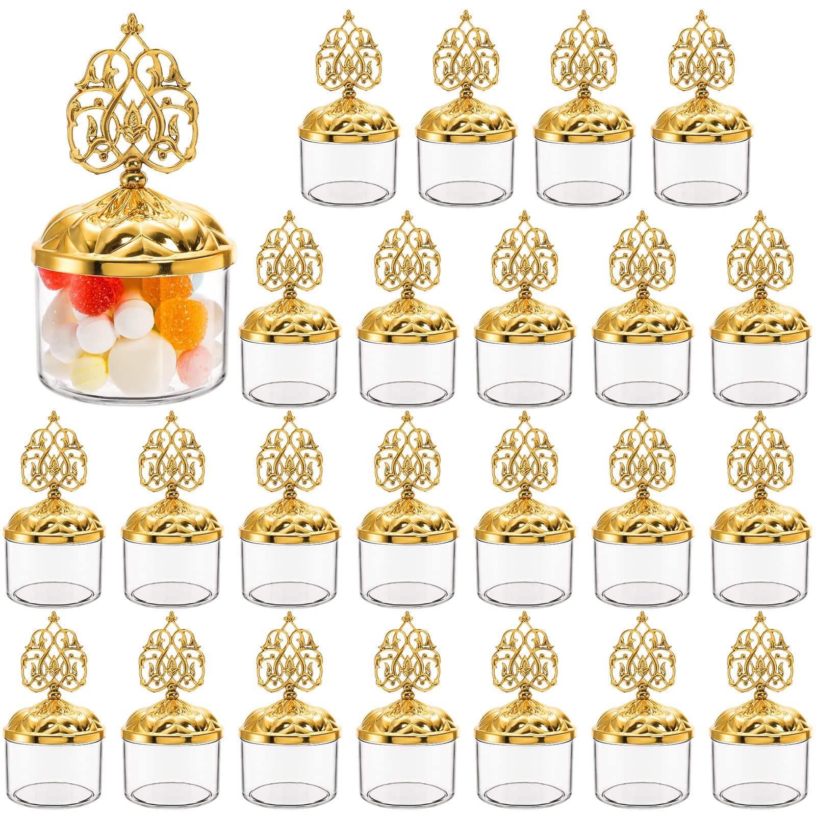 24 Pack Fillable Clear Favor Boxes with Gold Dome Lids, Plastic Dome Shaped Wedding Party Favor Candy Box, Decorative Candy Storage Containers for Chocolate, Cakes, Desserts, Snacks, Macaroons