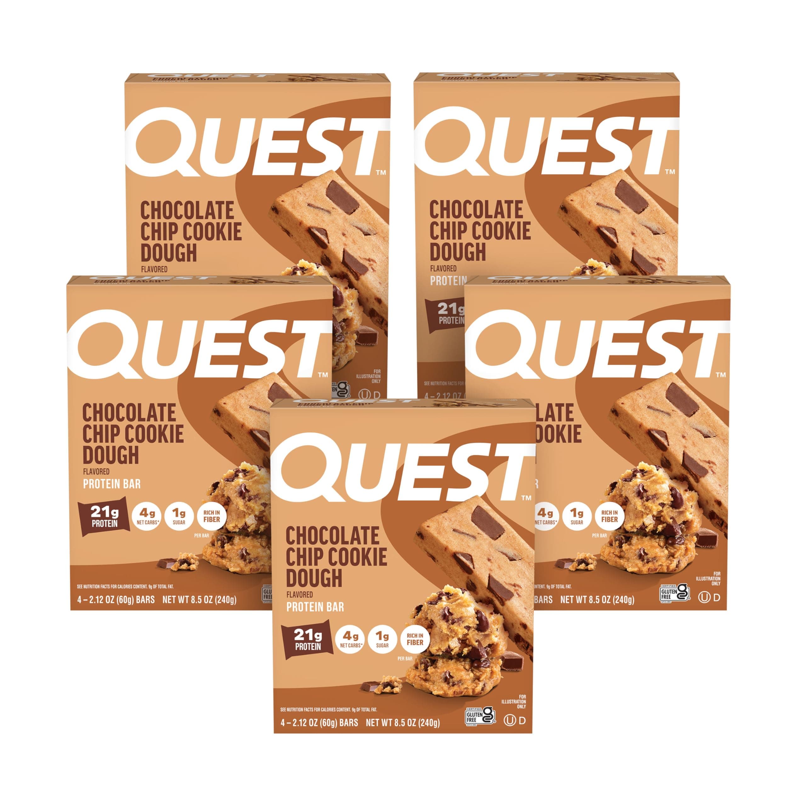 Quest Nutrition Chocolate Chip Cookie Dough - High Protein, Low Carb, Gluten Free, Keto Friendly, 2.12 Oz, 4 Count (Pack of 5)