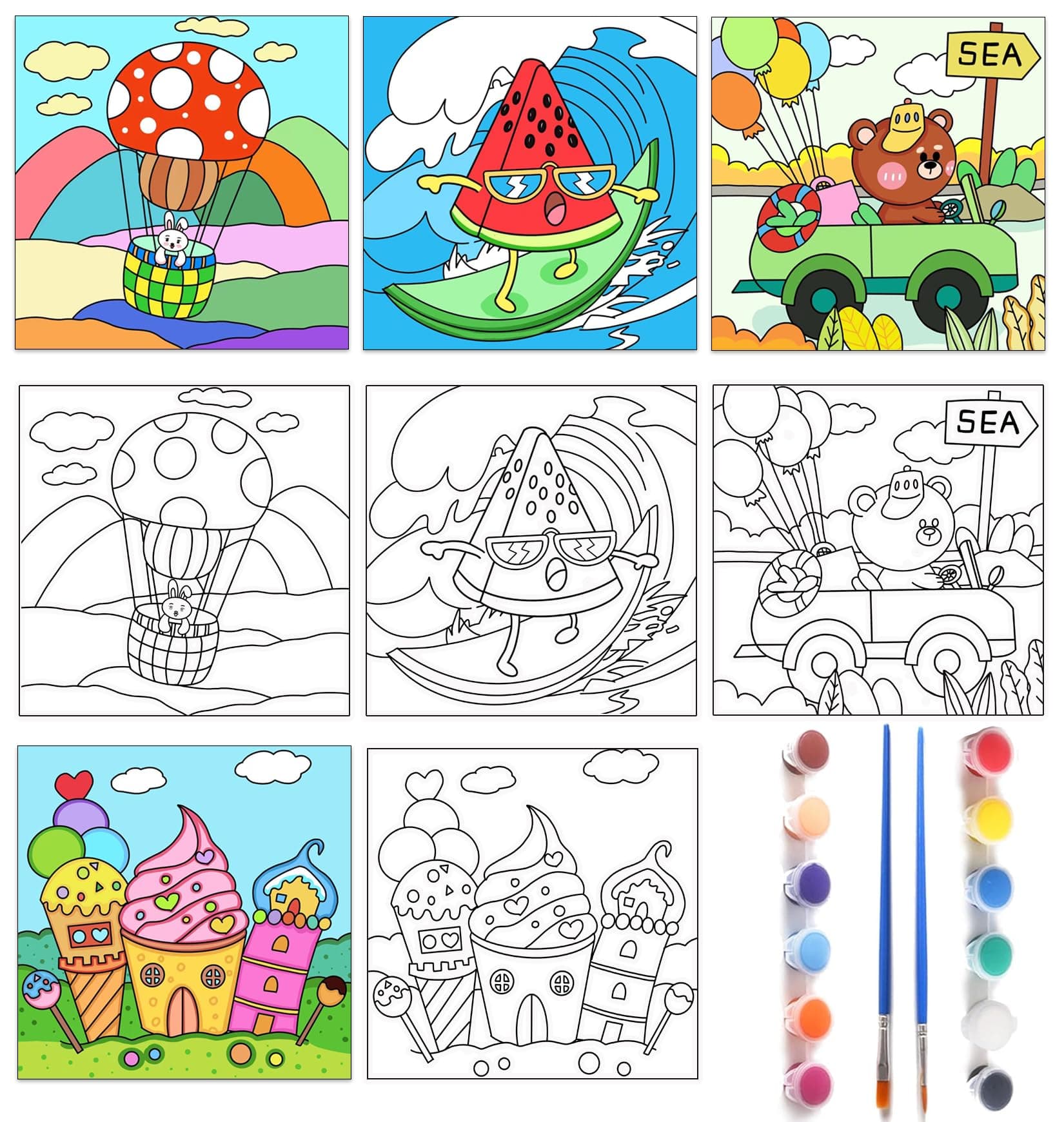 BriCabel 4 Pcs Kids Pre Drawn Canvas to Paint, 8 x 8 Inch Canvas Painting Kits with 12 Acrylic Paint Sets and 2 Brushes, Pre Sketched Canvas Set for Painting for Girls Boys Beginner Artists (Vacation)