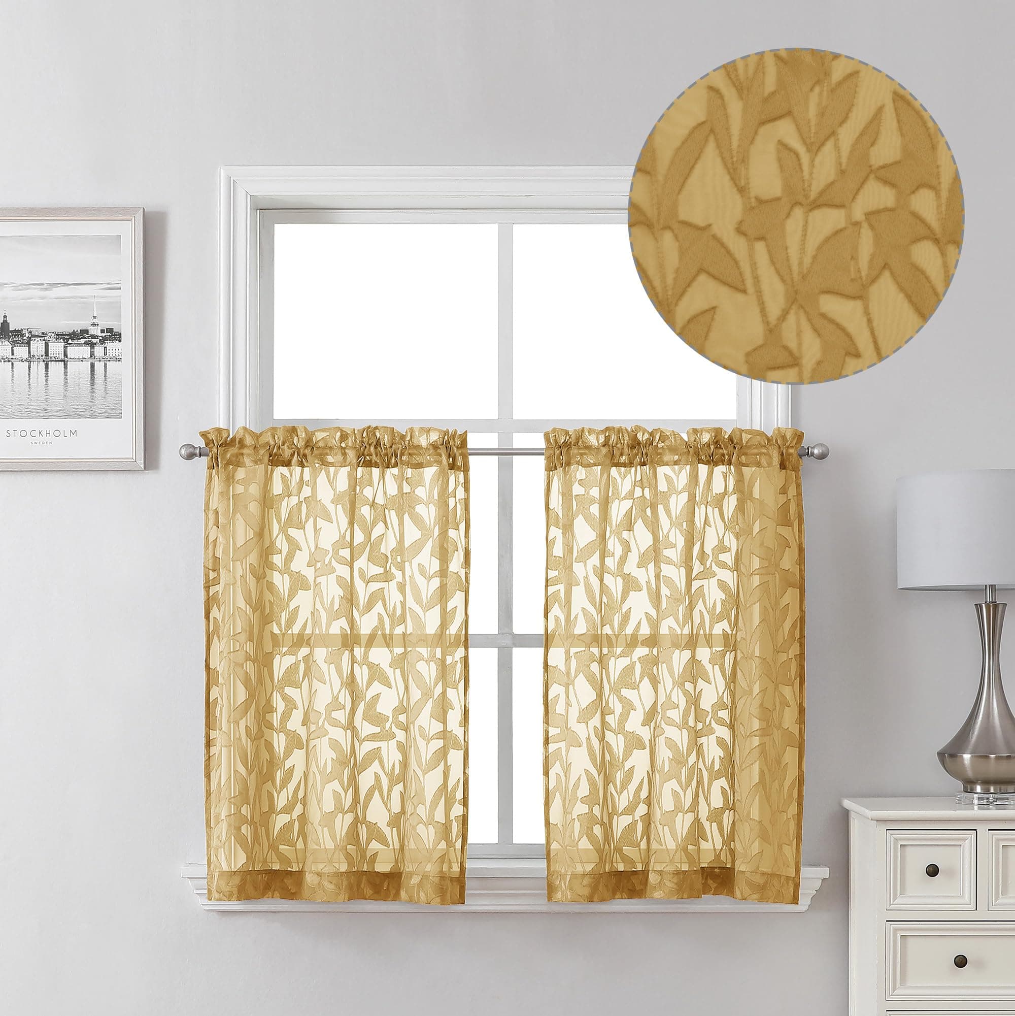 Lecloud Leia Dark Gold Sheer Kitchen Curtains 30 Inch Length 2 Panels, Breathable Leaf Textured Bedroom Voile Curtain Tiers, Dual Rod Pockets Jacquard Drapes for Bathroom Cafe, 40 W x 30 L