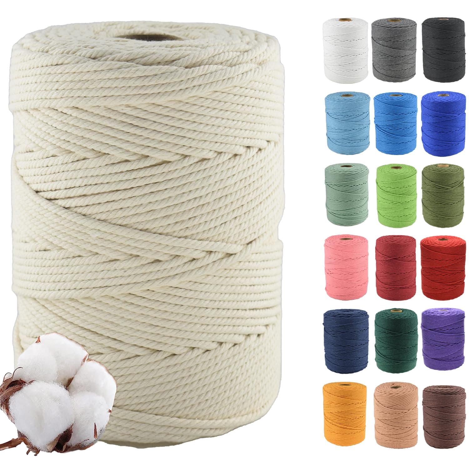 3mm×500m Macrame Cotton Cord, Soft 4 Strand Twisted 100% Natural Cotton for Handmade Wall Hanging, DIY, Craft Making, Knitting, Plant Hangers, Decorative Projects