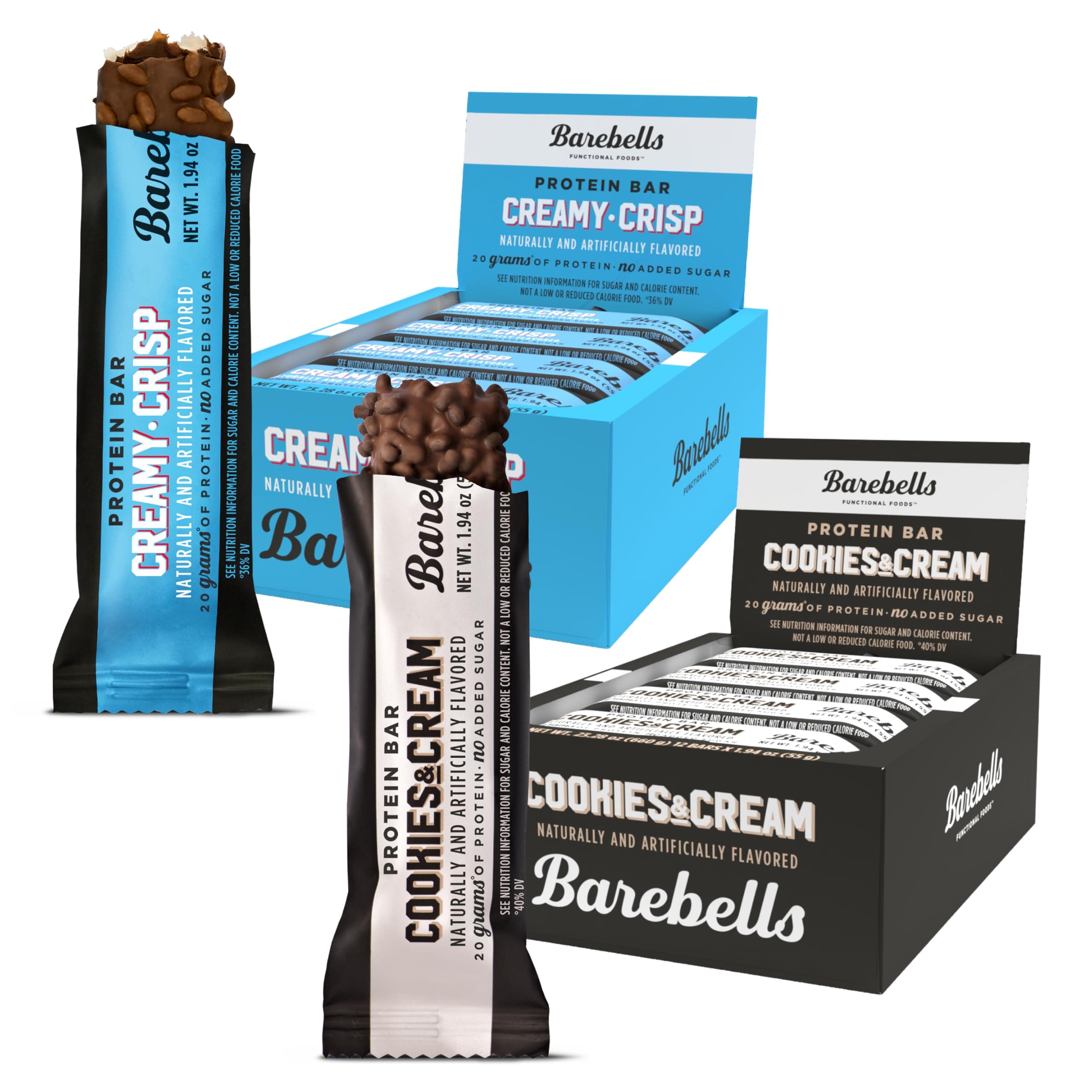 Barebells Protein Bars Combo Pack – 12 Creamy Crisp & 12 Cookies & Cream (24 bars total) – High Protein Snacks with 20g Protein & No Added Sugar – On-the-Go Breakfast or Post-Workout Treat
