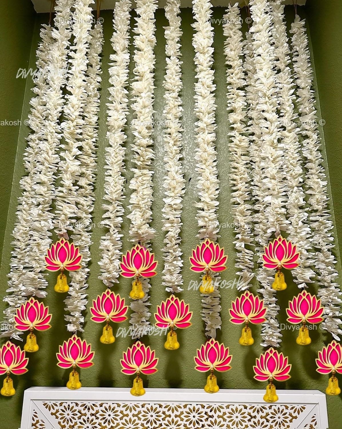 Divyakosh Lotus Hanging with White Artificial Flowers 5 Strings|Floral Wall Hangings for Home Decor, Diwali and All Festivals|Handmade Wall Decoration Lotus with Bell Style|5 Ft Each