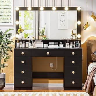 Vanity Desk with Mirror and Lights, Makeup Vanity Desk with 9 Drawers & Crystal Handles, Bedroom Dressing Table with Power Outlet for Women, Girls, Black