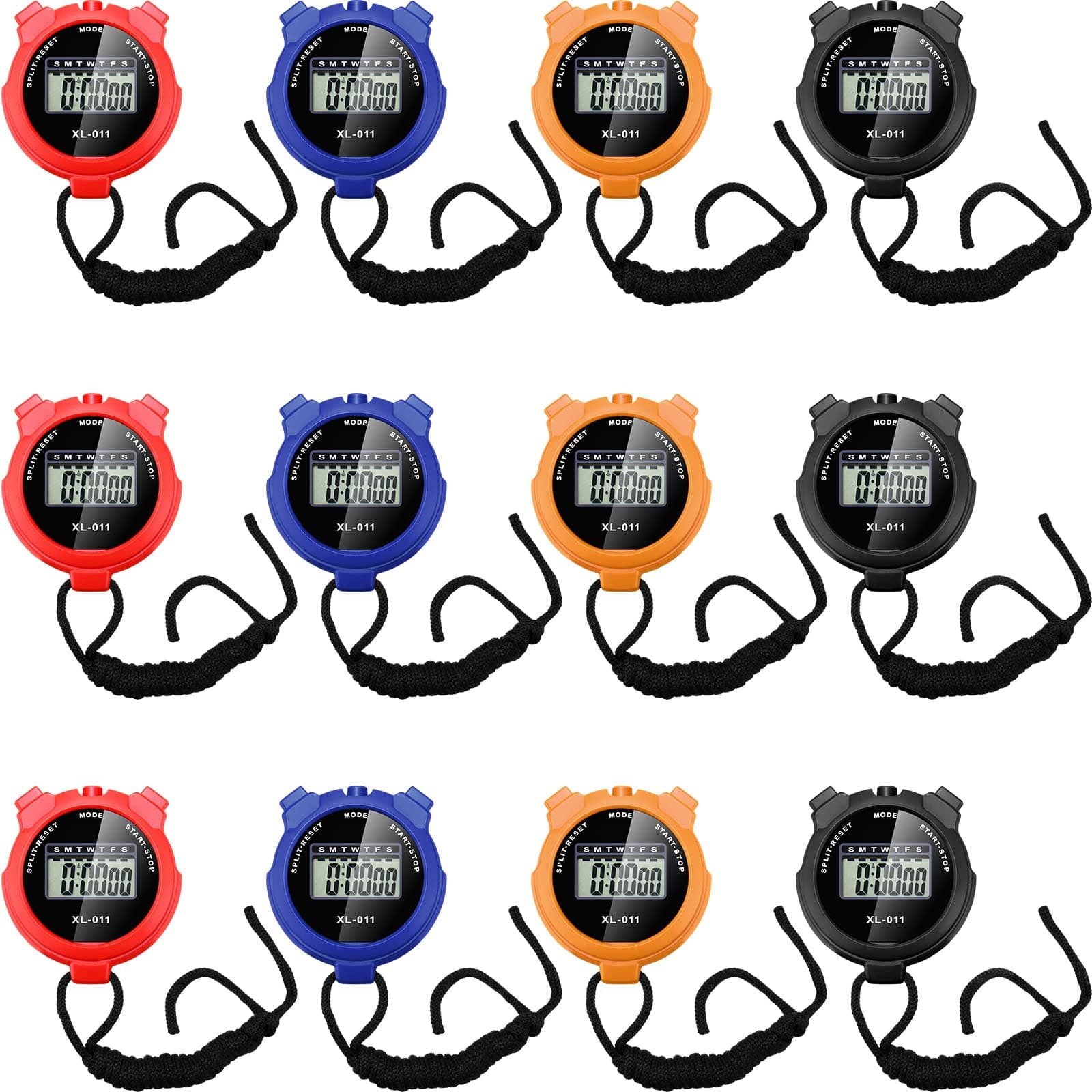 TOODOO 12 Pack Multi Function Digital Stopwatch Timer Bulk Sports Stopwatch with Lanyard Plastic Display Waterproof Date Time Alarm Timer for Coaches Fitness Referees