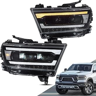 VLAND Projector Headlights Compatible with Dodge RAM 1500 New Body(NOT fit Classic Models) 2019-2023 5th Gen w/Dynamic Animation Running Light Bar w/Switchback Sold as a PAIR, Clear Reflector