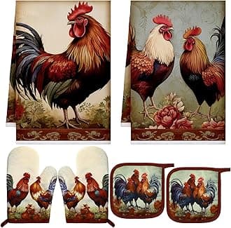 Bencailor 6 Pcs Spring Kitchen Decor Sunflower Pot Holders and Oven Mitts Sets Yellow Kitchen Towel 2 Farmhouse Cooking Mittens for Cooking Grilling Supply Accessories(Red,Retro Rooster)