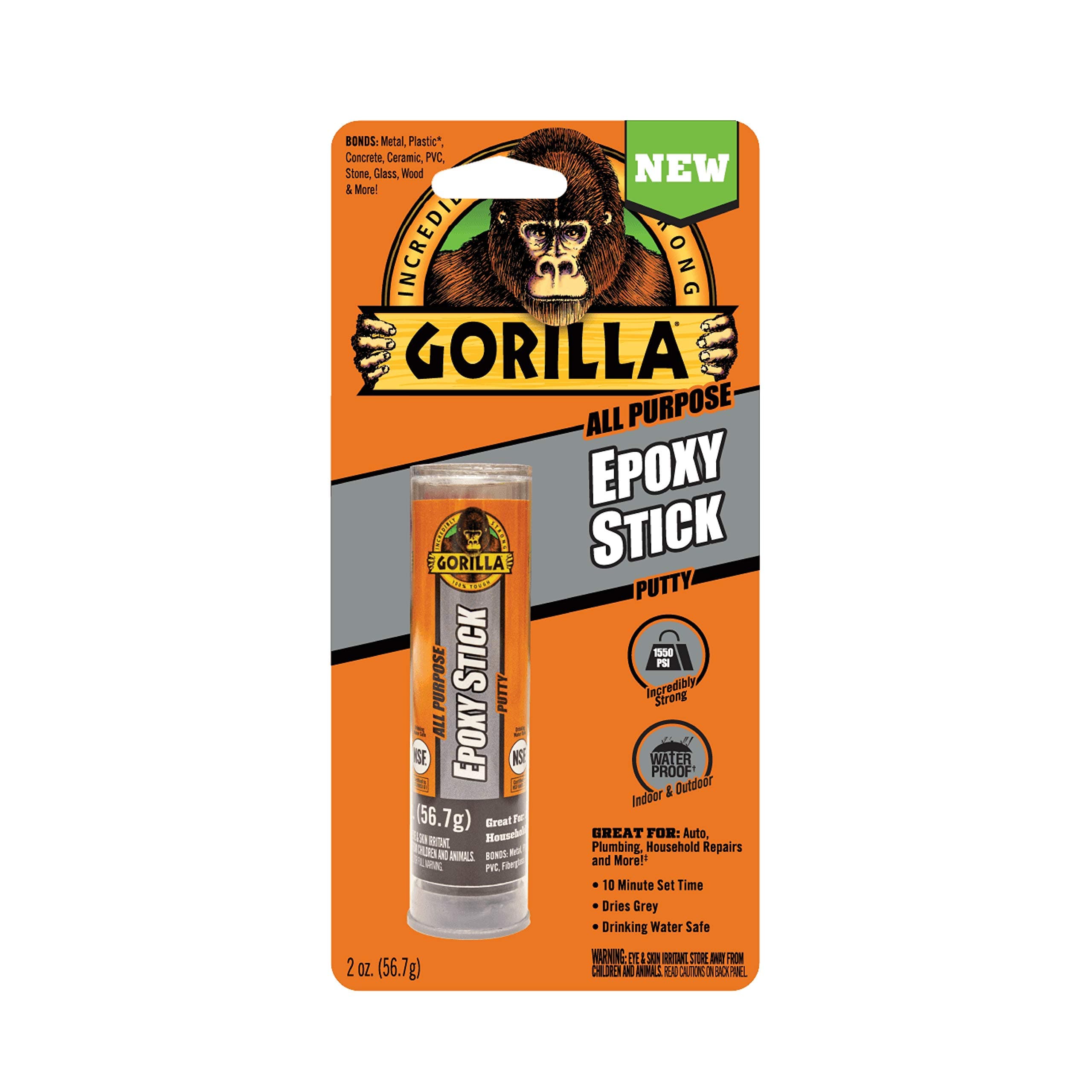 Gorilla All Purpose Epoxy Putty Stick, 2 ounce, Grey, (Pack of 1)