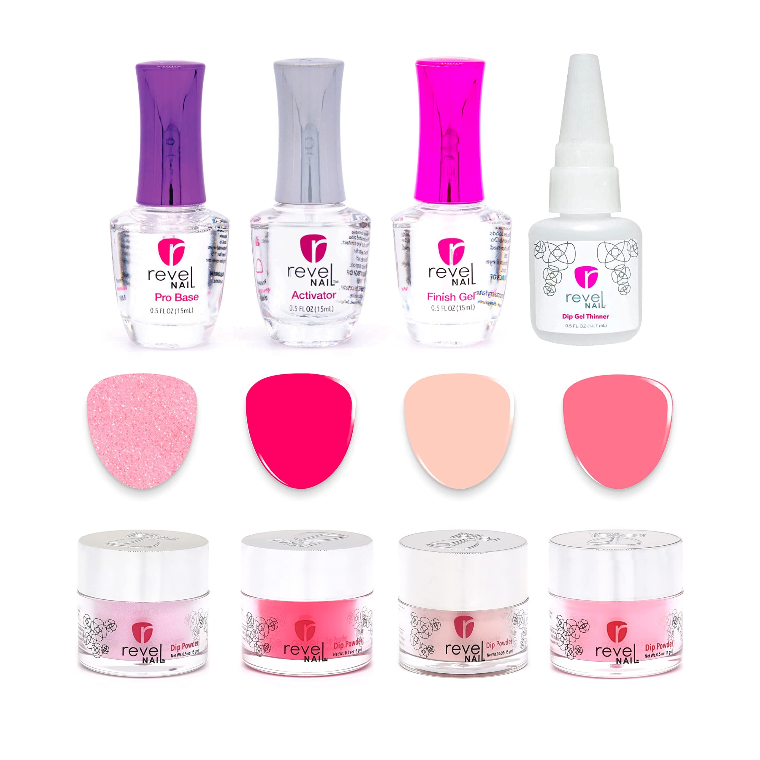 Revel Nail Starter Kit - 4 Color Manicure Set with Dip Nail Powder and Dip Powder Liquid Set - Pretty in Pink