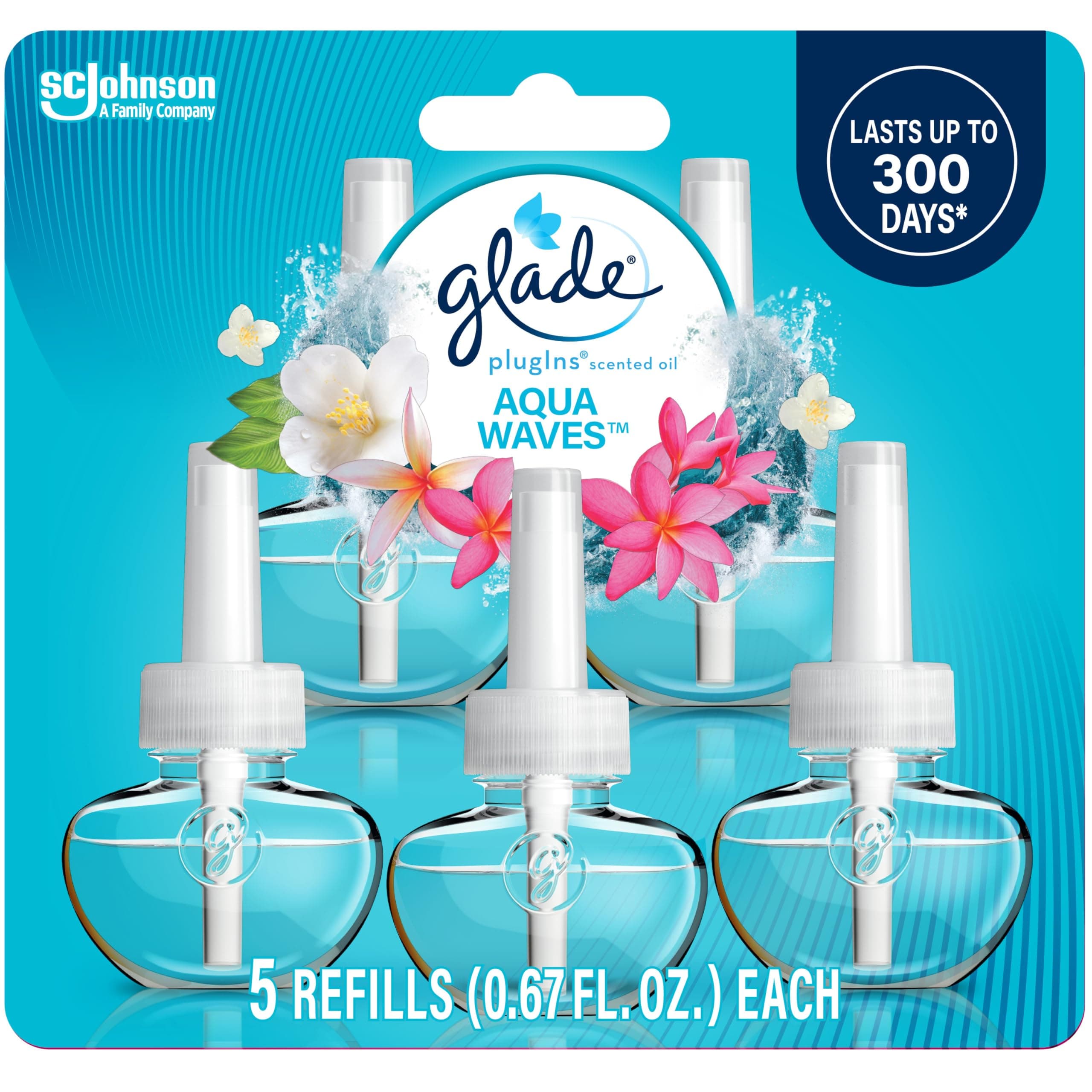 Glade PlugIns Refills Air Freshener, Scented and Essential Oils for Home and Bathroom, Aqua Waves, 3.35 Fl Oz, 5 Count