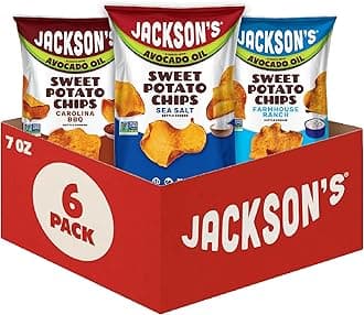 Jackson’s Sweet Potato Kettle Chips Avocado Oil Variety Pack made with Premium Oils (7oz, Pack of 6) Sea Salt, Ranch and BBQ Flavors - Allergen-friendly, Gluten Free, Vegan