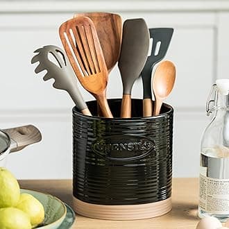 Black Utensil Holder, Ceramic Utensil Holder for Kitchen Counter, 6.7" Halloween Utensil Crock for Kitchen Tools Utensil Caddy, Oval Shape