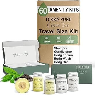 Terra Pure Green Tea Amenity Kit | Boxed Hotel Bulk Toiletries | 1 oz Shampoo, Conditioner, Lotion, Body Wash, Body Bar Soap for Guest Hospitality Vacation Rentals | 60 Sets/Case