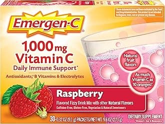 Emergen-C (30 Count, Raspberry Flavor, 1 Month Supply) Dietary Supplement Fizzy Drink Mix with 10...