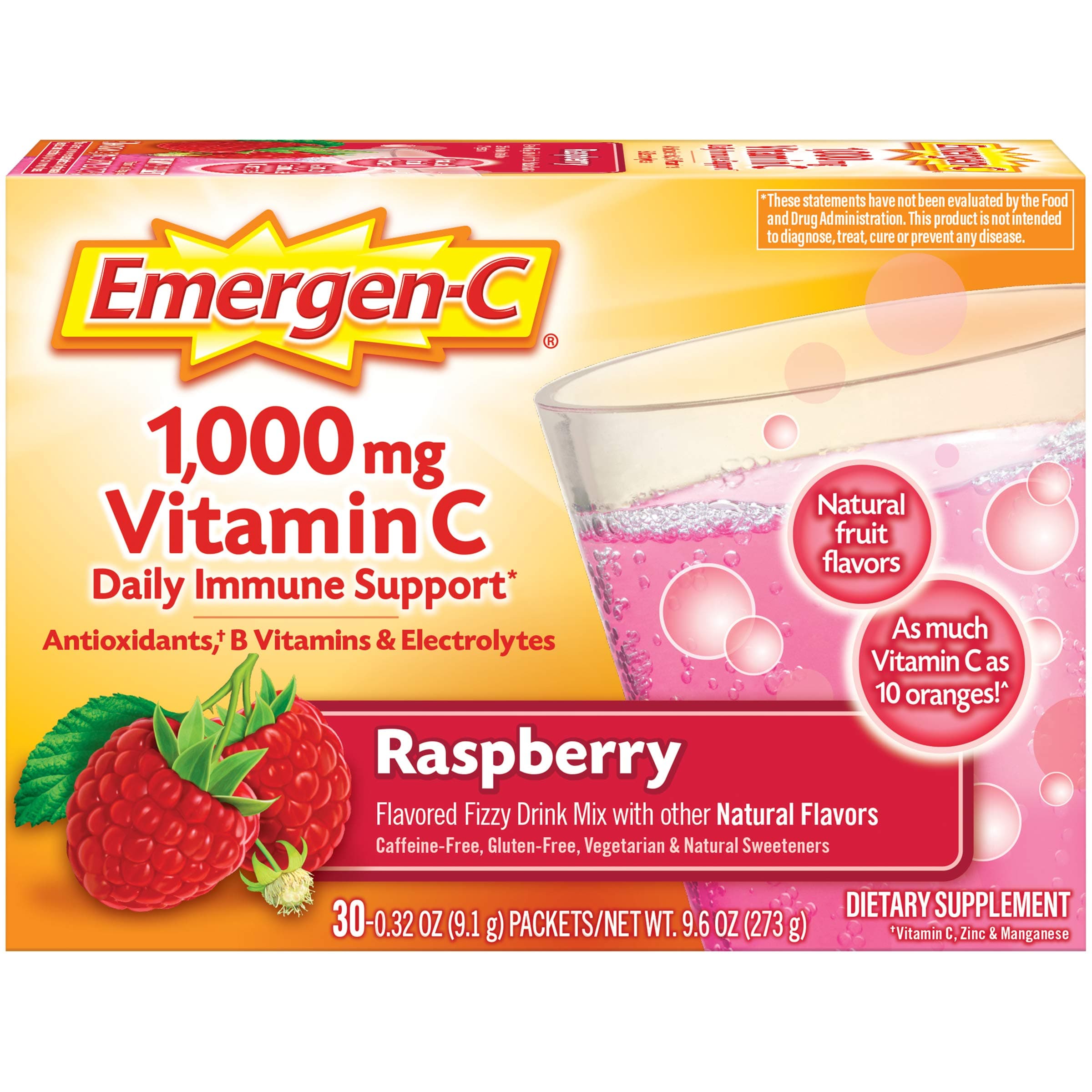 Emergen-C (30 Count, Raspberry Flavor, 1 Month Supply) Dietary Supplement Fizzy Drink Mix with 10...