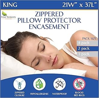 Four Seasons Essentials Waterproof King Pillow Protectors (Set of 2) – Zippered Pillow Cover Hypoallergenic Dust Allergy Proof Encasement