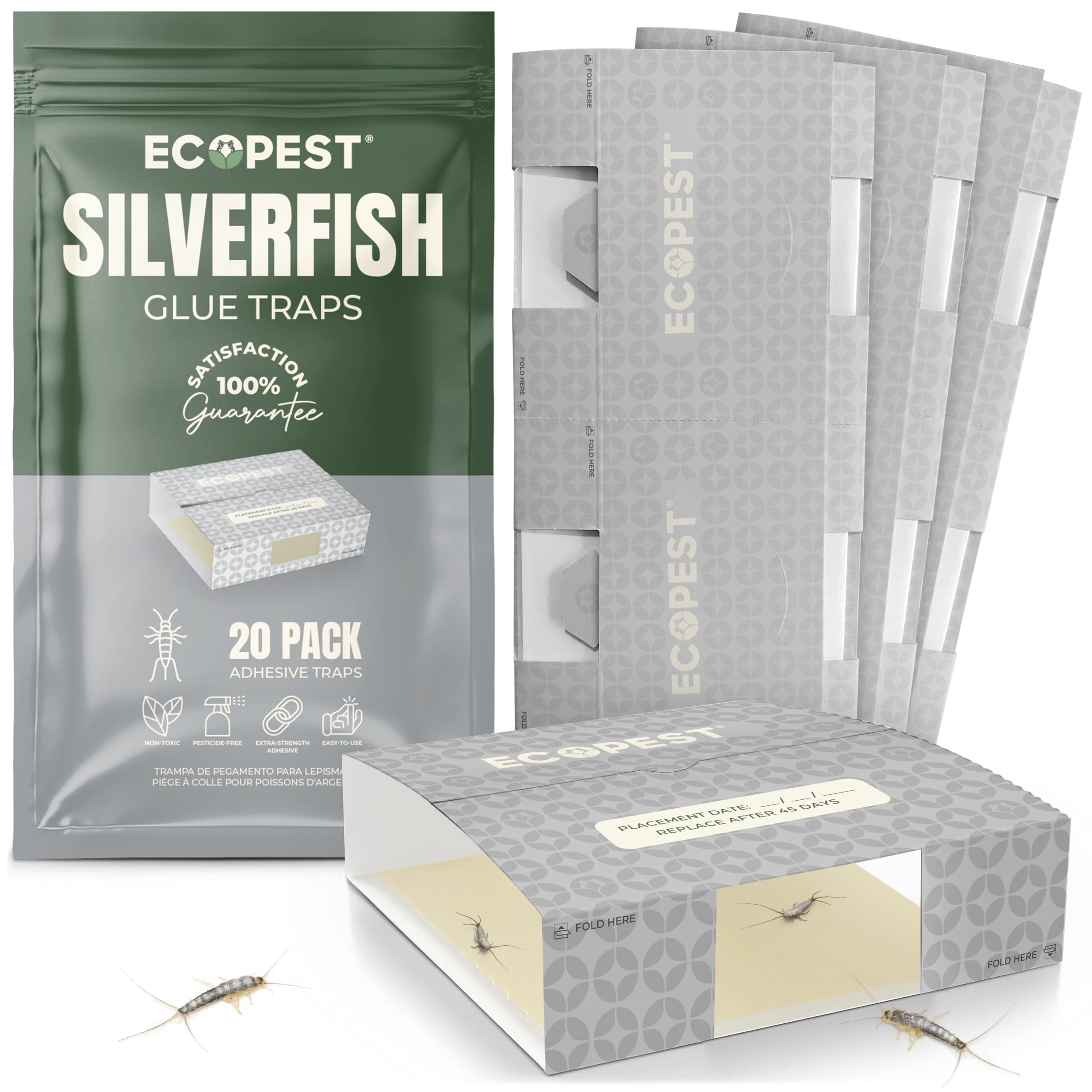 Silverfish Trap — 20 Pack | Sticky Indoor Glue Trap for Silverfishes, Firebrat, and Other Bugs and Crawling Insects | Adhesive Killer Paks, Monitor, and Detector with Natural Bait Attractant