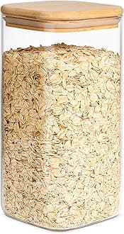 Airtight Glass Storage Canister with Wood Lid (50oz), Clear Food Storage Container Jar with Sealing Bamboo Lid for Noodles Flour Cereal Rice Sugar Tea Coffee Beans