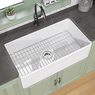 TUKTUK White Farmhouse Sink 33X20 Fireclay Farm Sink for Kitchen Apron Undermount Kitchen Sink Single Bowl Big Capacity Deep Drop-in Modern Kitchen Sink with Luxury Bottom Grid & Strainer Drain