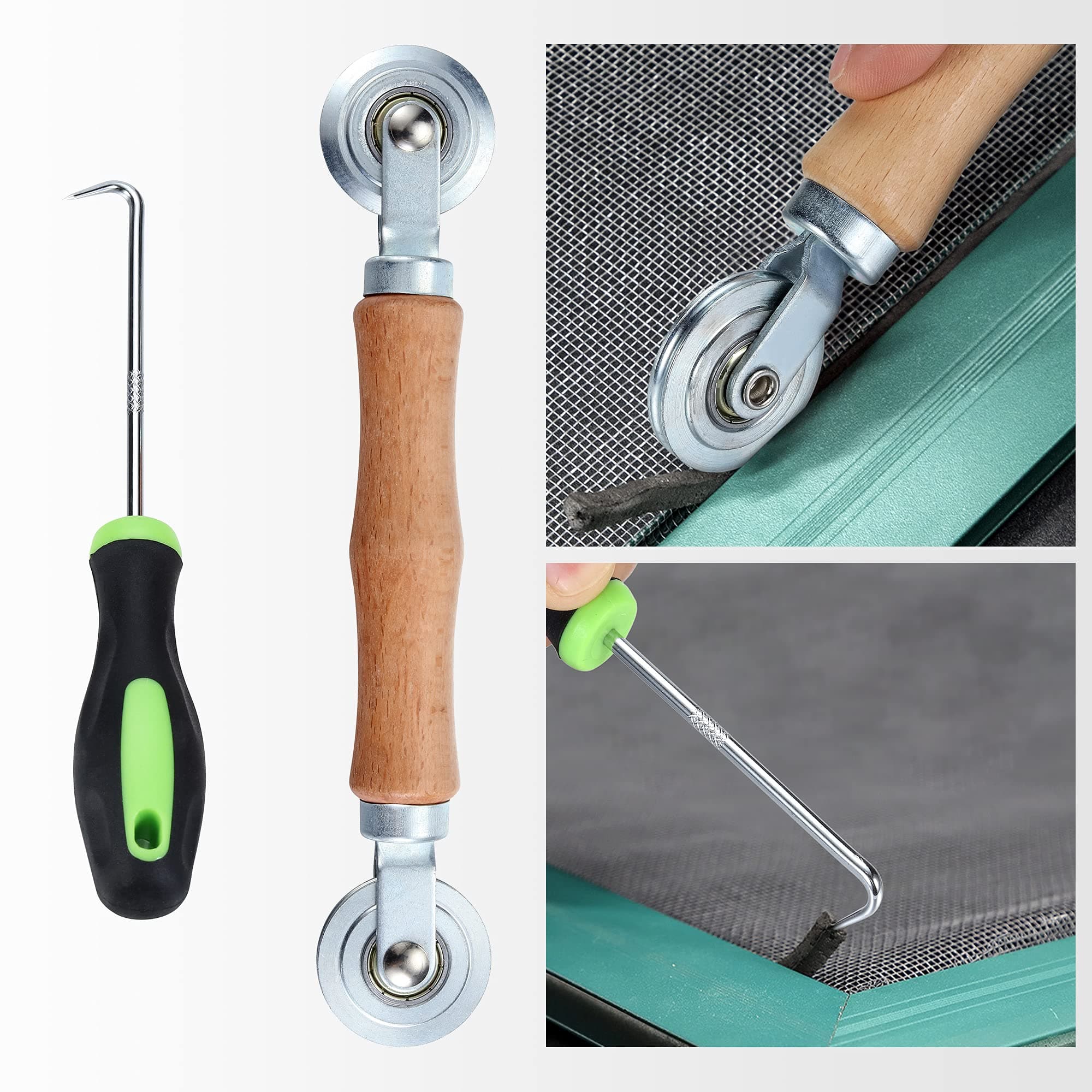 Screen Repair Kit Screen Roller Tool with Bearing Spline Roller with Wooden Handle and Puller Hook for Replacing Installing Door Screens Window